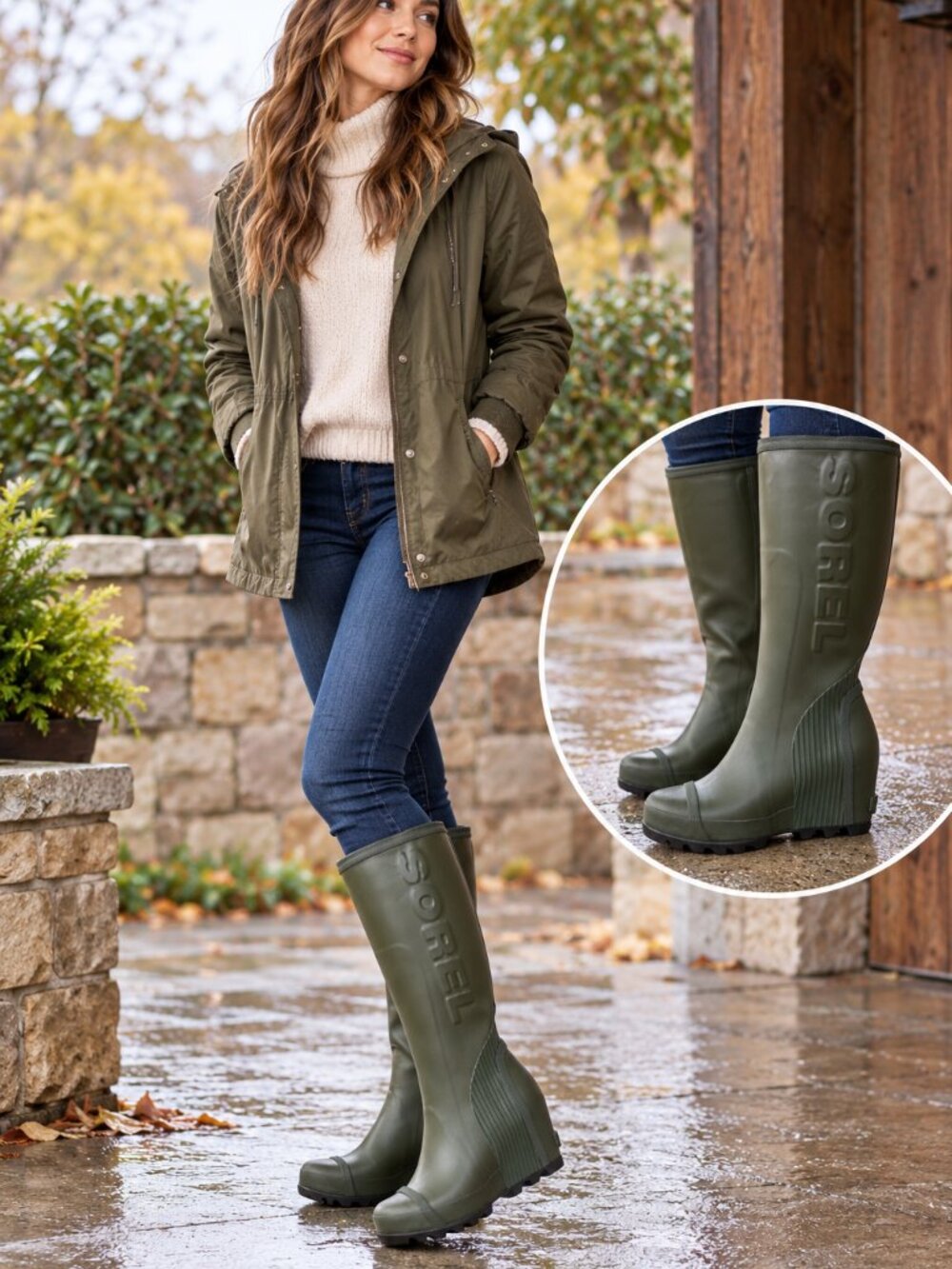 Sorel Joan Rain Wedge Tall Boots Olive Green Waterproof Sz 8.5
